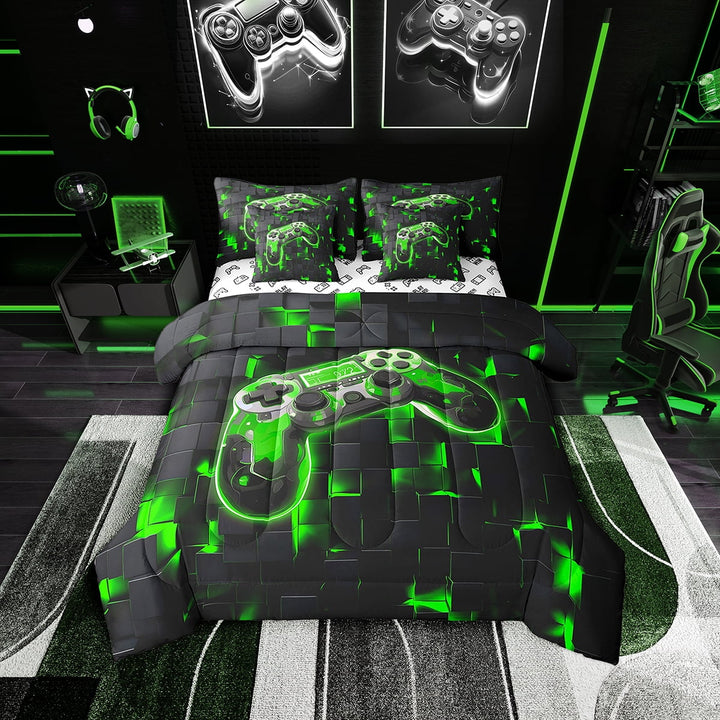 Gamer Comforter Set Twin Size 7-Piece Game Console Comforter Sets with Sheets, 3D Black and Green Gamepad Gaming Bed Comforter Set 3D Cool Gamer Controller Quilt, Fluorescent Green