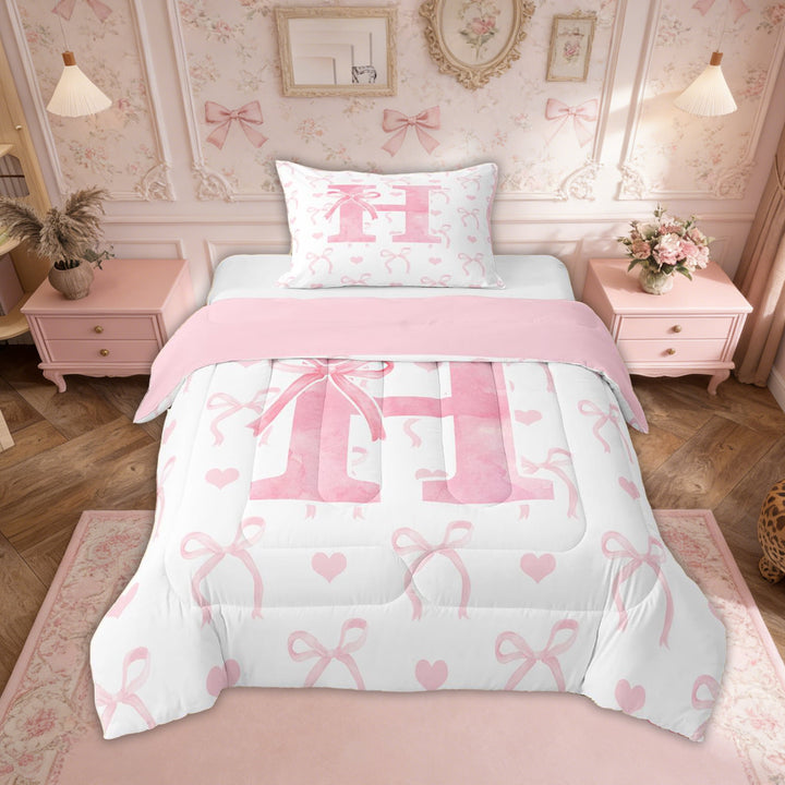 Erosebridal Pink Bow Tie Comforter Sets Twin Size, Initial H Letter Comforters &amp; Duvets, Catoon Room Decor, Reversible 2 Pieces