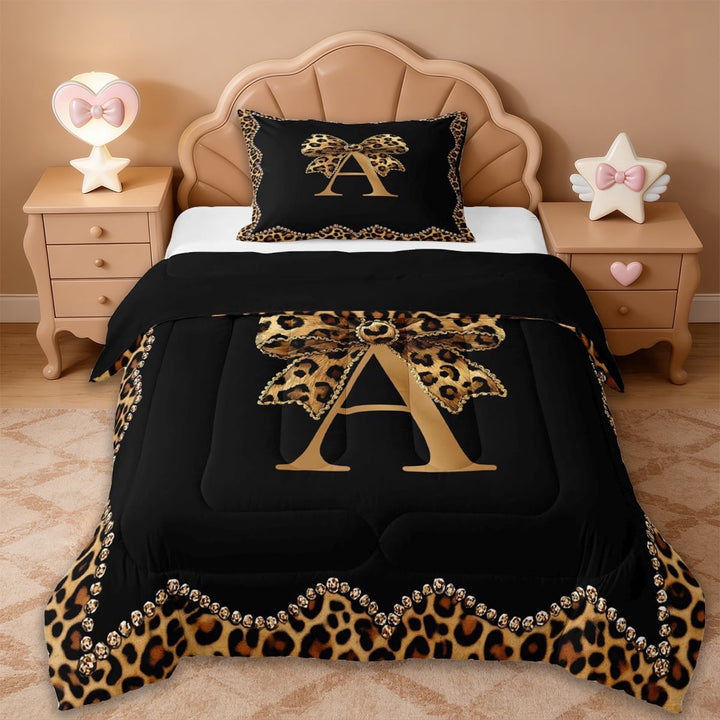 Erosebridal Leopard Print Bows Kids Twin Comforter Sets,Cheetah Pattern A Alphabet Bedding Set For Girls Women,Reversible black,2 Pieces