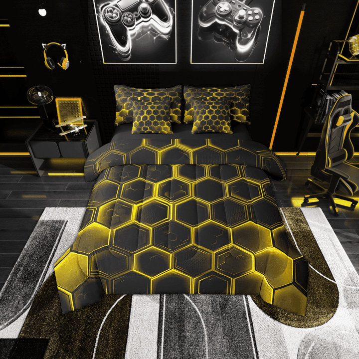 Erosebridal Orange Gradient Hexagon Bedding Sets Twin Size, Geometry Honeycomb Comforter Sets with Sheets, Black Room Decor, Reversible 7-Piece