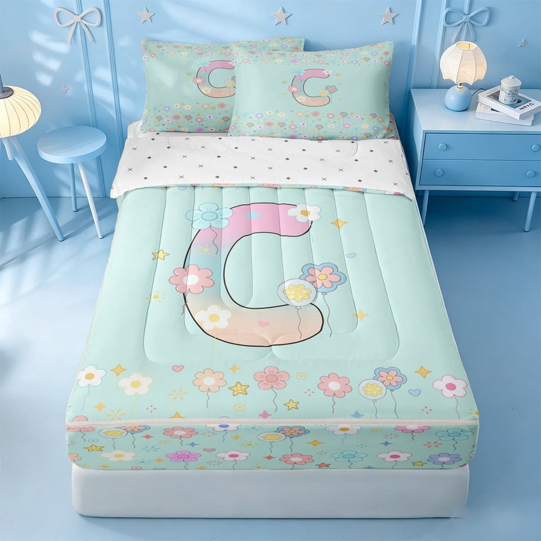 meiyoeat Colorful Flower Monogram C Zipper Twin Comforter Sets with Fitted Sheet and 2 Pillowcases,Pastel Rainbow Letter Design Zipper Bedding Set For Girl,Reversible,4-Piece