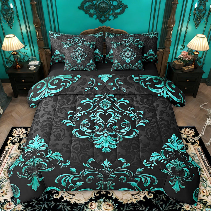 Manfei Bohemian Damask 7pcs Bedding Full Size, Black Cyan Comforter Sets with Sheets, Victorian Flower Bed Set, Breathable Bedroom Decoration