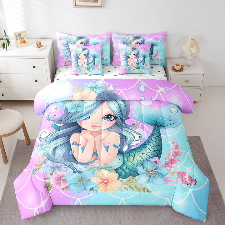 Mermaid Bed in a Bag Queen Comforter Set 7 Piece,Ocean Decor Cute Bedding Sets Glitter Fish Scale Starfish Sheet Set with Comforter