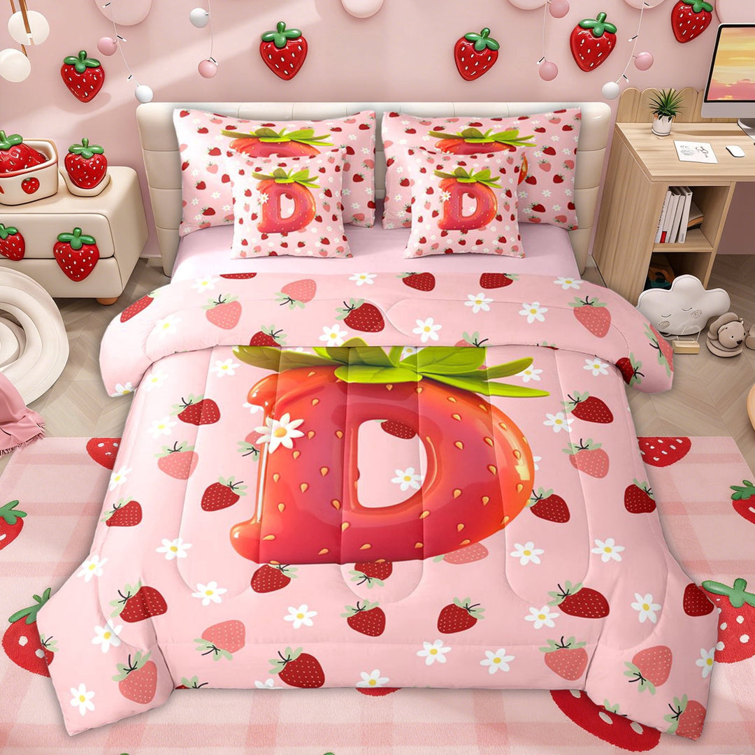 Erosebridal Kawaii Initial D Letter Twin Bedding Sets, Girls Princess Strawberry Bedding Comforter Set for Kids, Pink Reversible, 7pcs