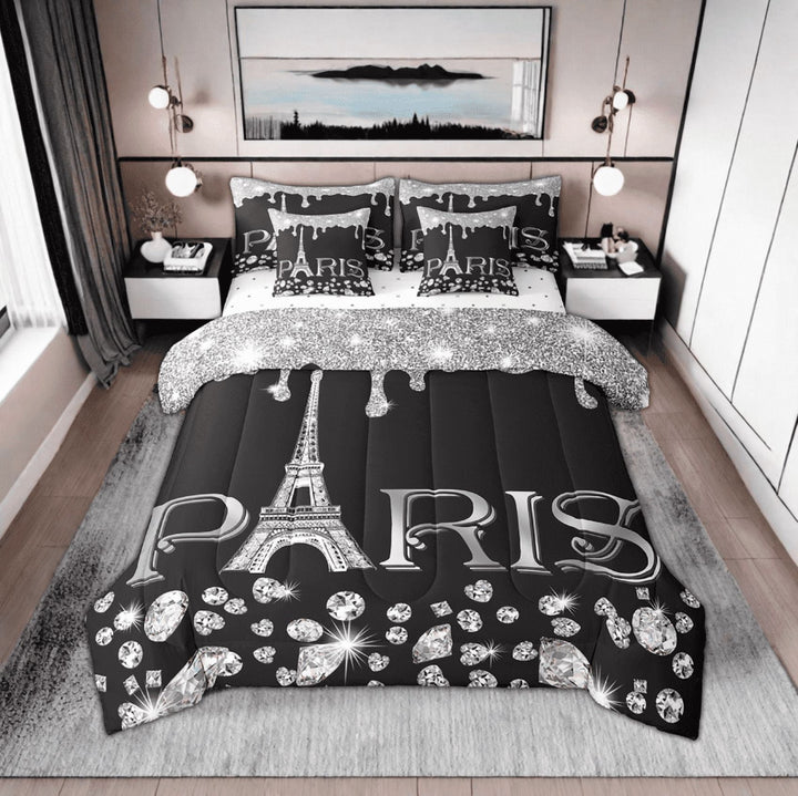 Erosebridal Eiffel Tower Comforter King 7 Piece,(Not Real)Black and White Bling Bling Sparkles Bed in A Bag,Gradient Diamond Bedding Sets,Girly Sequins Reversible Bed Sets with Sheet Set