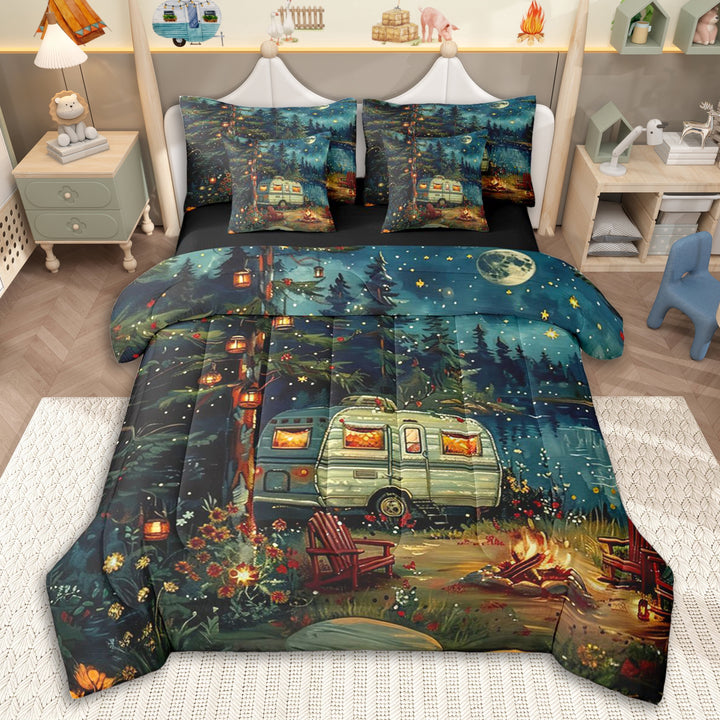 Erosebridal Green RV Car Twin Bedding Sets 7-Piece for Teens Boys Girls,Kids Rustic Cottage Happy Camping Bedding Comforter Set,Black Reversible,Breathable Home Decor