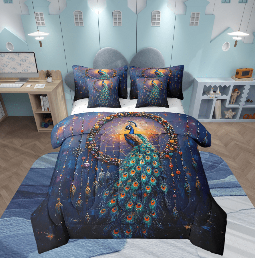Peacock Bed in a Bag Queen Comforter Set 7 Piece,Dream Catcher Bedding Sets,Boho Watercolor Feather Sheet Set with Comforter Aesthetic Animals Bed Set,Exotic Bohemian Decor