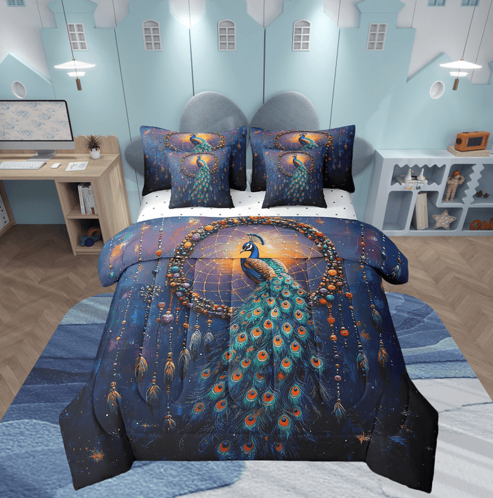 Peacock Bed in a Bag Queen Comforter Set 7 Piece,Dream Catcher Bedding Sets,Boho Watercolor Feather Sheet Set with Comforter Aesthetic Animals Bed Set,Exotic Bohemian Decor