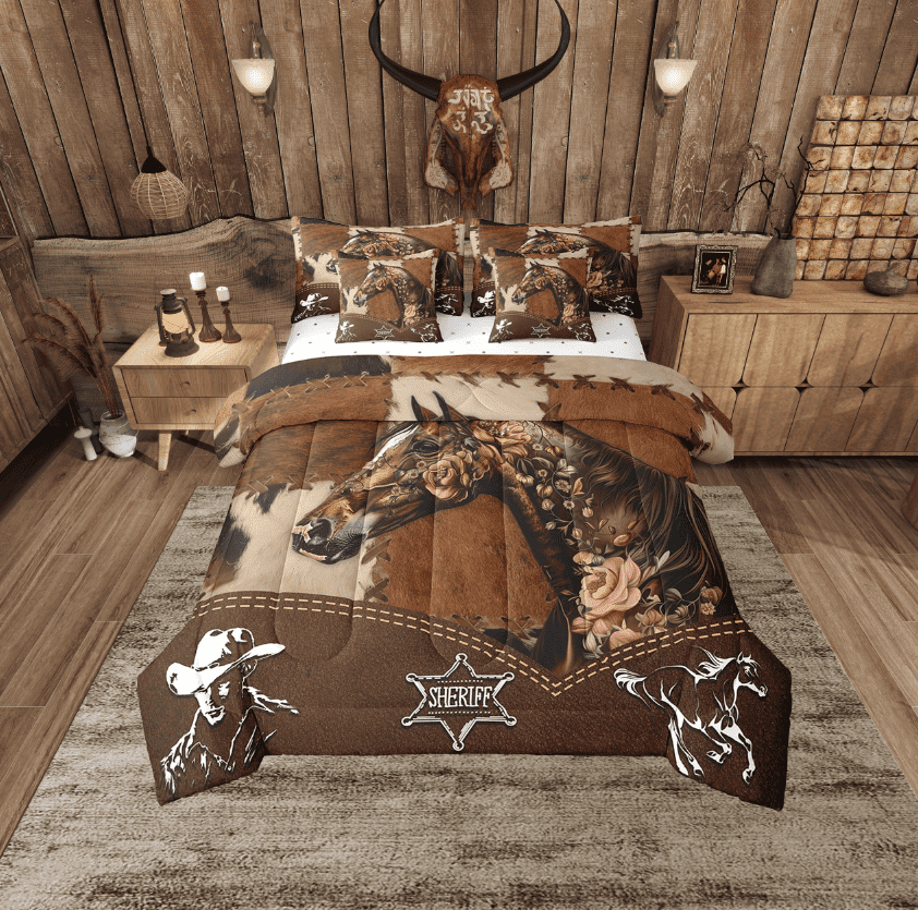 Erosebridal Floral Horse Bedding Sets Twin Size,Cow Print Comforter Sets with Sheets,Western Theme Bed in a Bag Twin size,Ultra Soft Patchwork Room Decorative,Reversible,7pcs