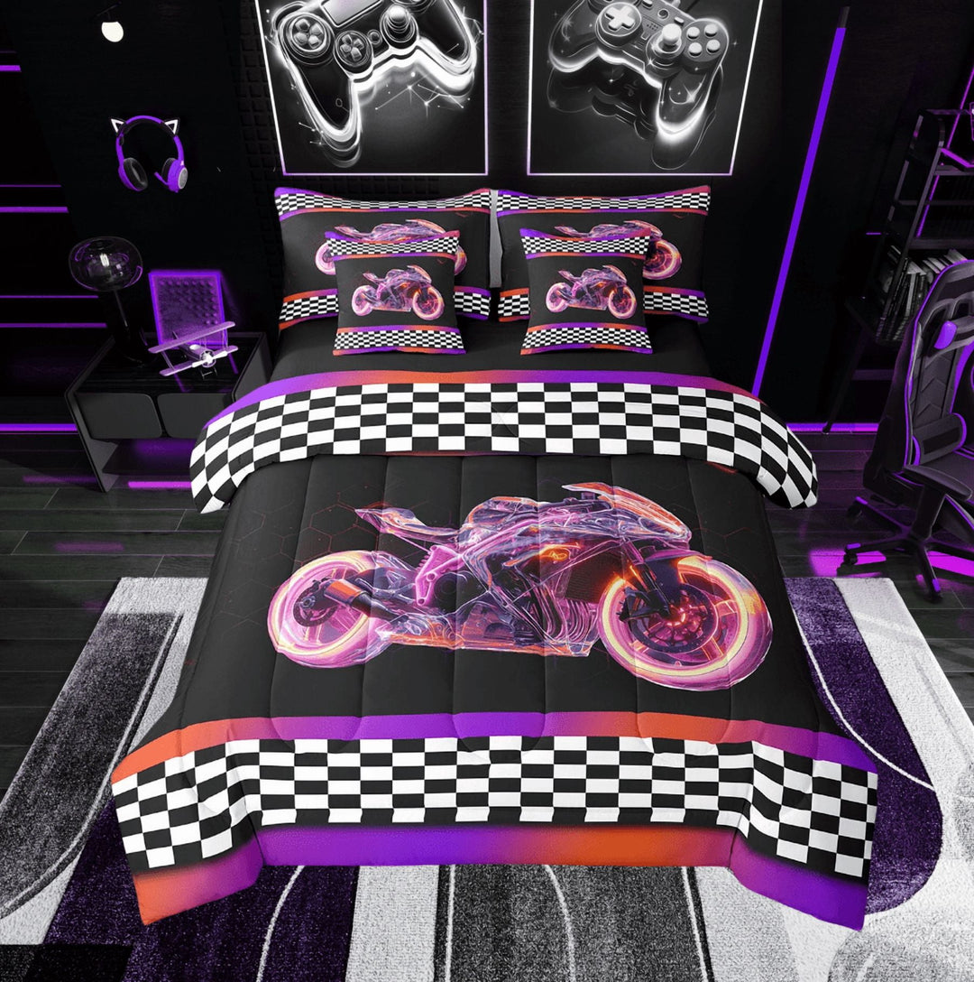 Erosebridal Cool Motorcycle Bed in a Bag Twin size, Honeycomb Bed Set, Checkered Flag Decor, Reversible 7 Pieces