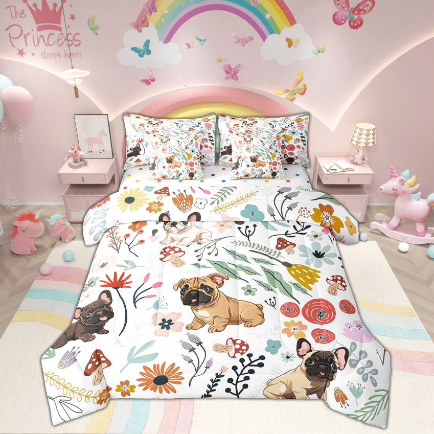 Cute Sharpei Dog Comforter Set 7 Piece Bed in a Bag Twin,Mushroom Floral Cartoon Animal Bedding Sets Watercolor Flowers Leaves Sheet Set with Comforter