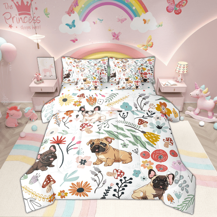 Cute Sharpei Dog Comforter Set 7 Piece Bed in a Bag Twin,Mushroom Floral Cartoon Animal Bedding Sets Watercolor Flowers Leaves Sheet Set with Comforter