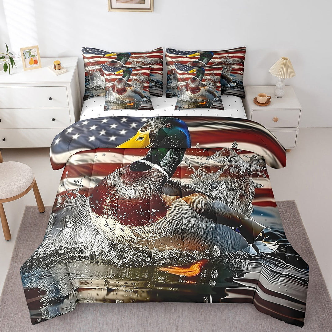 Mallard Duck Comforter Set Full 7 Piece Vintage American Flag Bed in a Bag Wildlife Animal Room Decor,Stars and Stripes Bedding Set with Fitted Sheet,Flat Sheet,Pillow Cases &amp; Covers