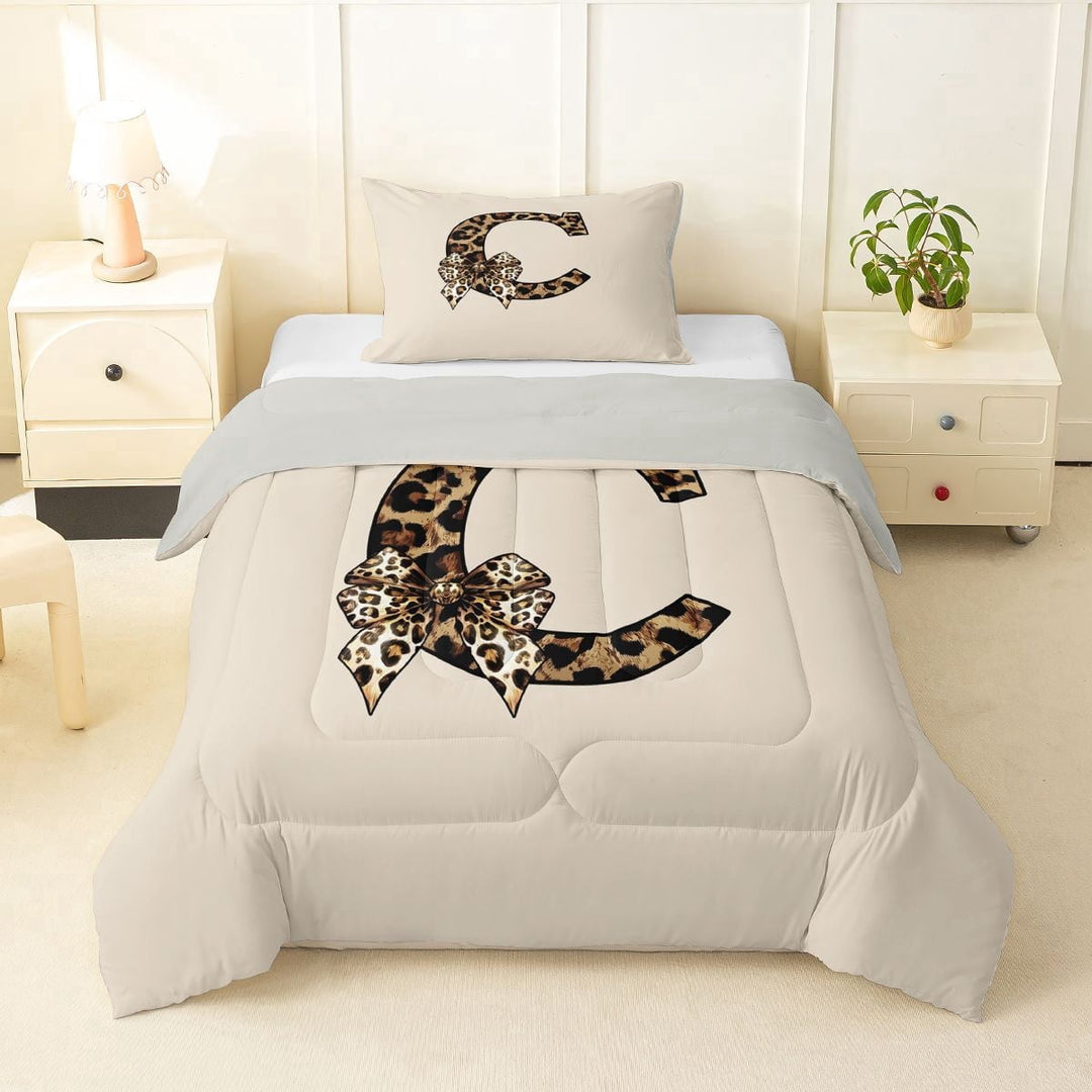 Erosebridal Vintage Leopard Print Bow Tie Twin Comforter Sets 3-Piece For Girls Boys,Adults Personalized Initial C Bedding Set,Grey Reversible