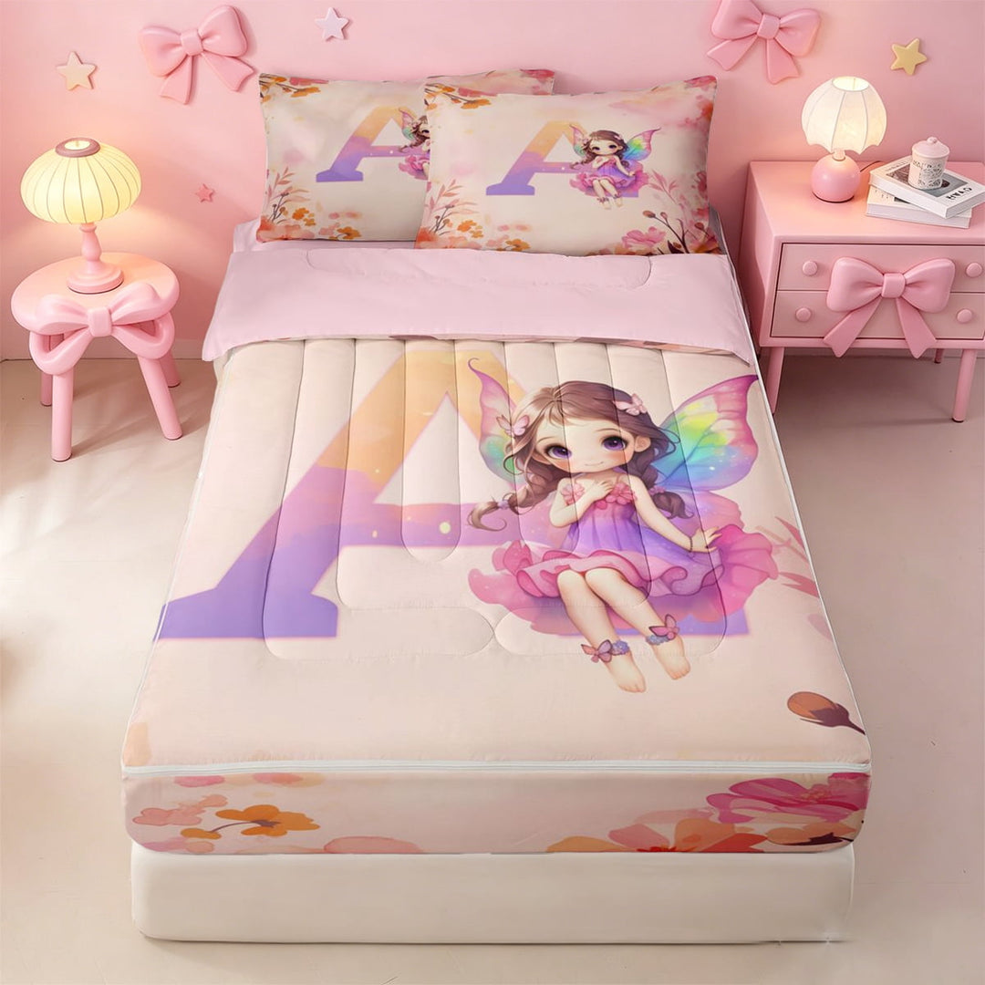 meiyoeat Rustic Flower Monogrammed A Zipper Full Size Comforter Sets with Fitted Sheet and 2 Pillowcases,Kawaii Girls Zipper Bedding Set For Girl,Pink Reversible,4-Piece