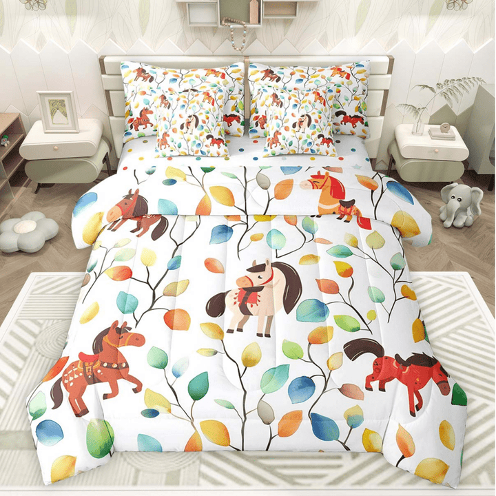 7Pcs Farm Horse Bedding Comforter Sets Boho Floral Bed in a Bag, Colorful Leaves Twin Bedding Sets Abstract Watercolor Plant Comforter Set, Wild Animal Bedding Sets &amp; Collections