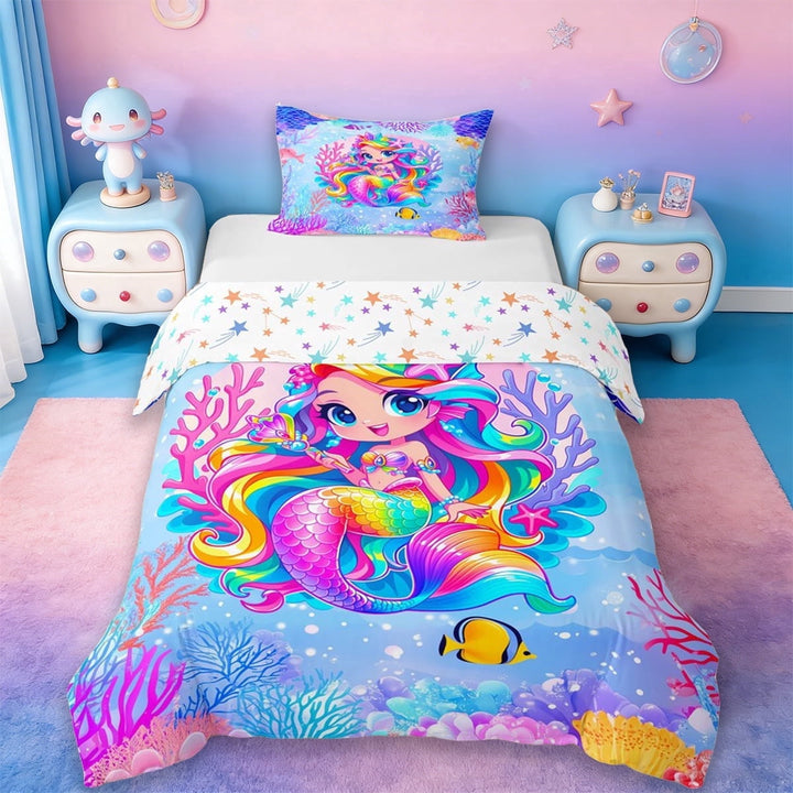 Erosebridal Watercolor Cartoon Mermaid Twin Bedding,Ocean Animals Duvet Cover Set For Girls Kids 2-Piece,No Comforter,Reversible