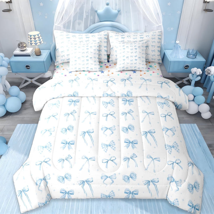 Erosebridal Ribbon Bow 7-Piece Twin Bedding Sets For Girls Teens,Blue Girly Bowknot Bedding Comforter Set,Dreamy Princess Style,Reversible