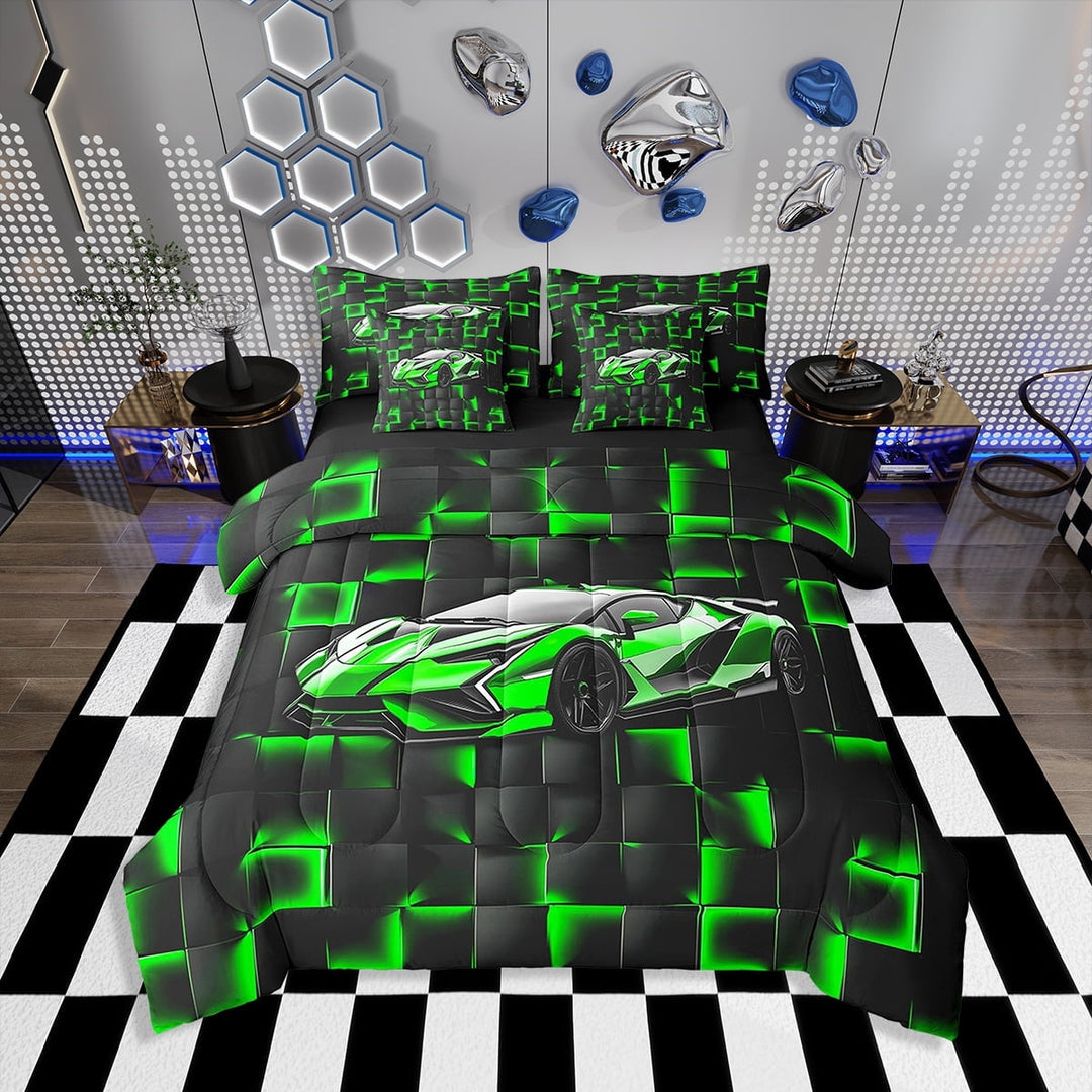 Erosebridal Neon Car Bedding Sets Twin Size s, Racing Car Comforter Sets with Sheets, Sports Decor, Reversible 7-Piece