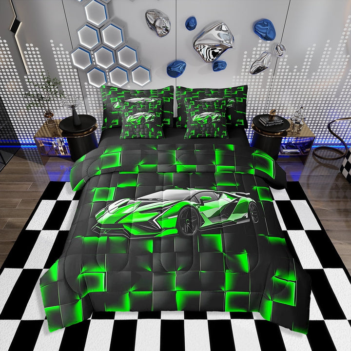 Erosebridal Neon Car Bedding Sets Twin Size s, Racing Car Comforter Sets with Sheets, Sports Decor, Reversible 7-Piece