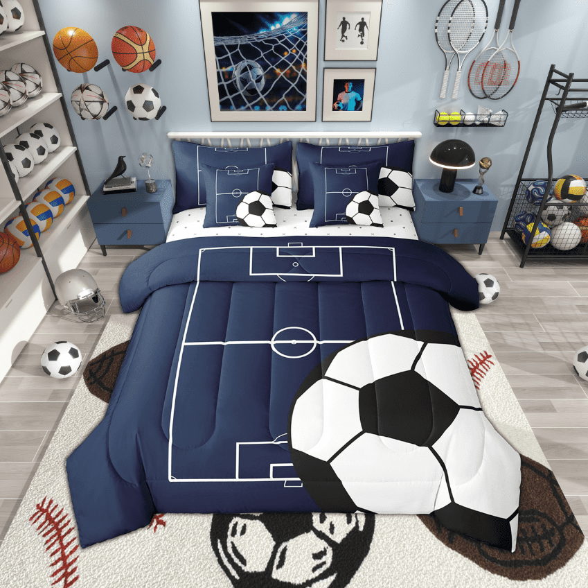 Football Twin Comforter Set with Sheets 7 Piece,Soccer Sports Bedding Sets Room Decor,Navy Blue Football Bed in a Bag with Fitted Sheet,Flat Sheet,Pillowcases &amp; Shams