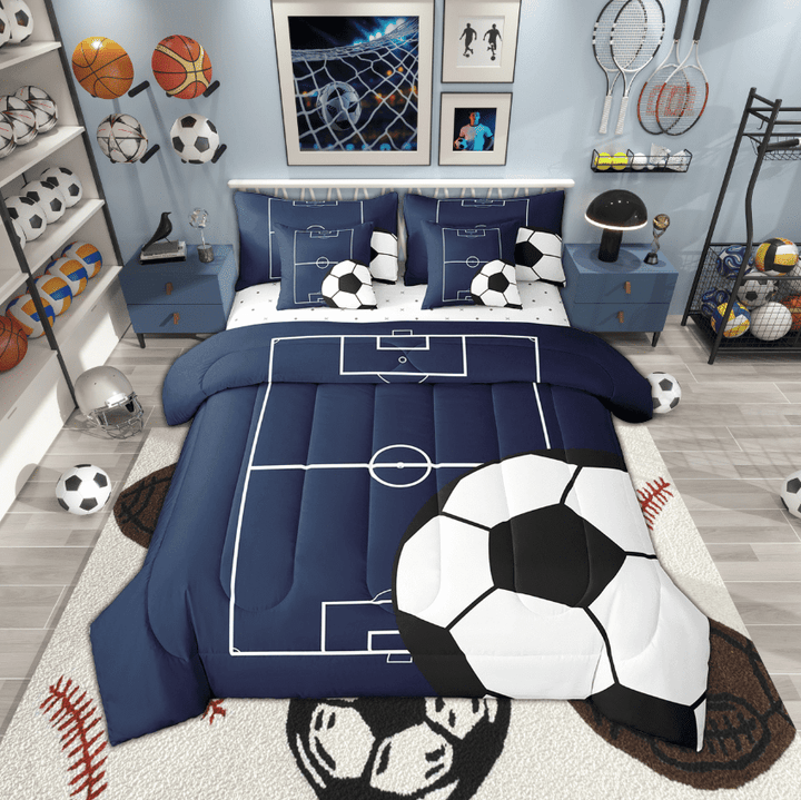 Football Twin Comforter Set with Sheets 7 Piece,Soccer Sports Bedding Sets Room Decor,Navy Blue Football Bed in a Bag with Fitted Sheet,Flat Sheet,Pillowcases &amp; Shams