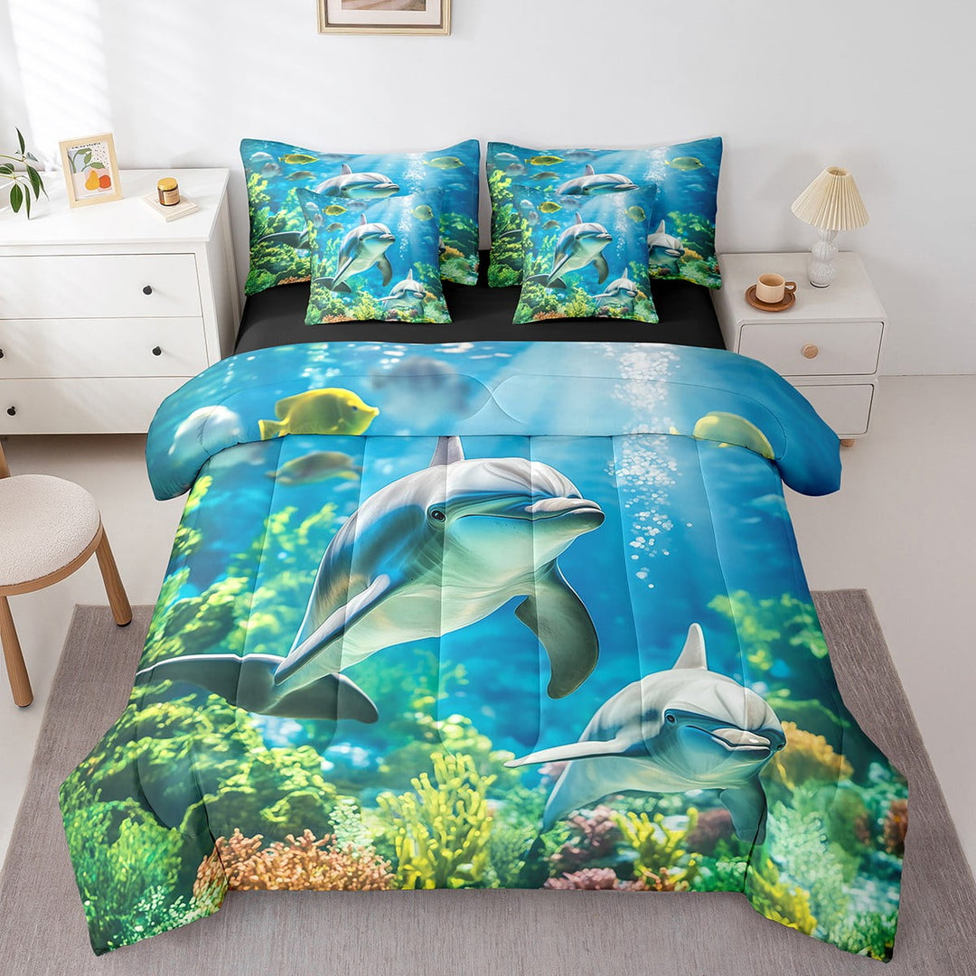 Erosebridal Dolphin Comforter Set Twin 7 Pcs Kawaii Ocean Animal Ocean Marine Sea Creatures Theme Bedding Set Underwater World Bed in a Bag with Comforter,Sheets