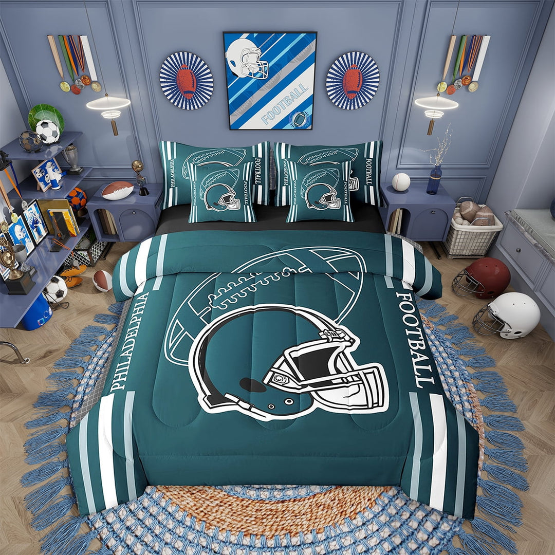 Erosebridal American Football Comforter Set Twin 7 Pieces Rugby Games Sport Arena Peacock Green Bedding Set Sports Theme Bed in a Bag with Comforter,Sheets