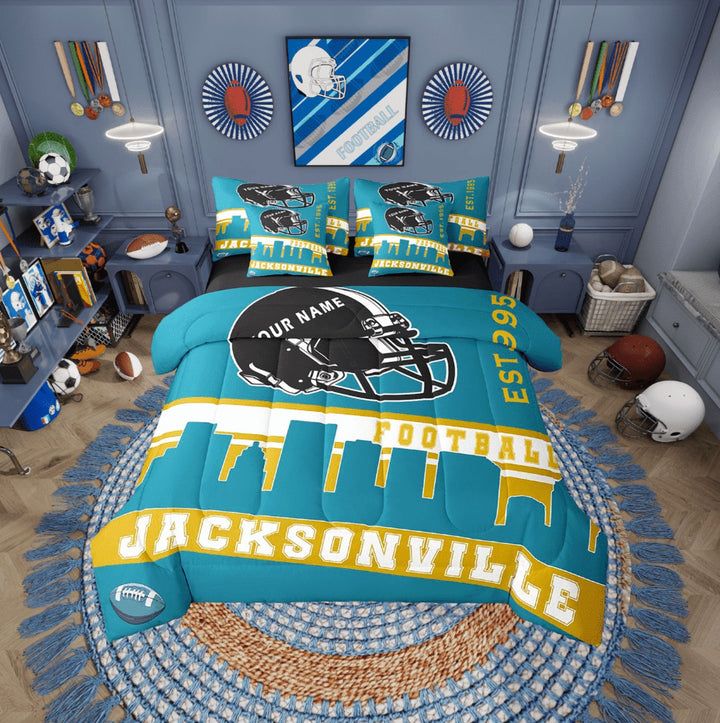 Erosebridal American City Jacksonville Bedding Twin Size, Rugby Soccer Bedding Sets Twin Size, Teal Gold, Reversible 7pcs