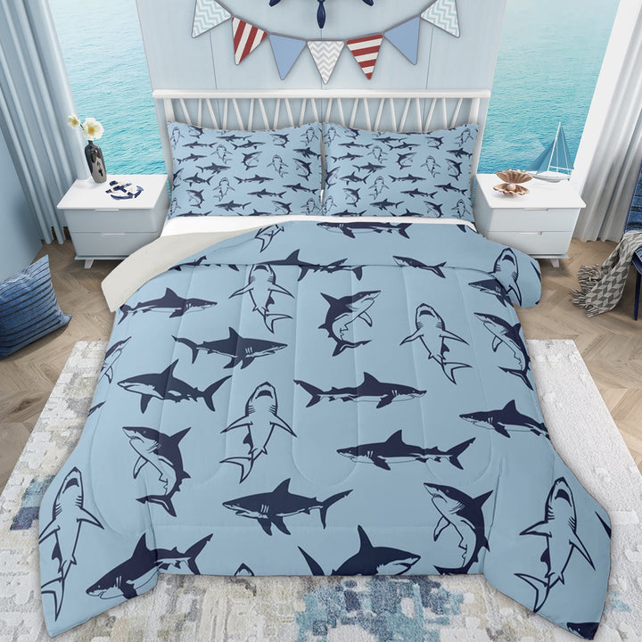 Erosebridal Blue Shark Queen Comforter Set for Kids, Cartoon Fish Bedding Comforter Set, Grey Reversible, 3pcs