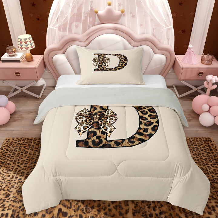 Erosebridal Black Brown Cheetah Print Bowknot Twin Comforter Sets 3-Piece For Girls,Teens Boys Letter Monogrammed D Bedding Set,Grey Reversible