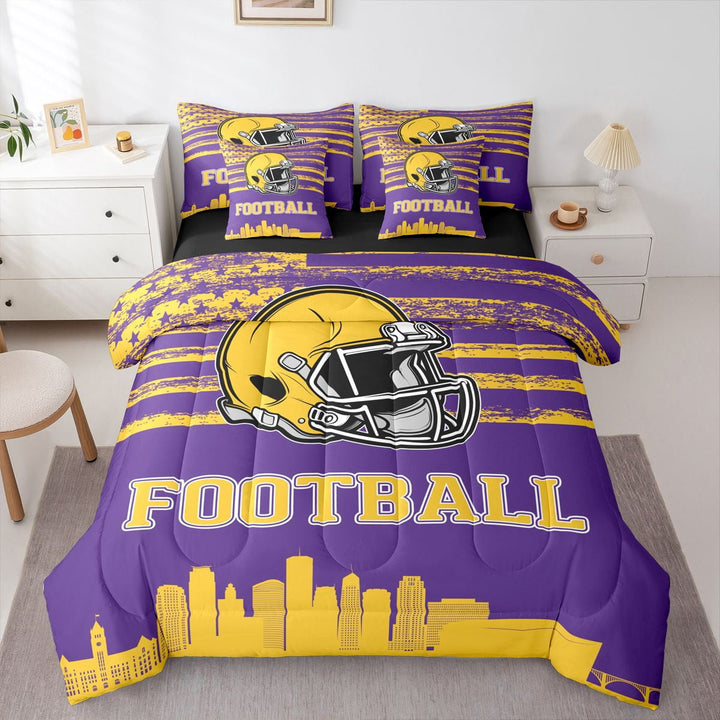 Erosebridal American Football City Bedding Sets Twin Size,Minnesota Comforter Sets with Sheets,Yellow Rugby Helmet Bed in a Bag Twin Size For Boys,Lightweight Room Decoration Reversible,7-Piece