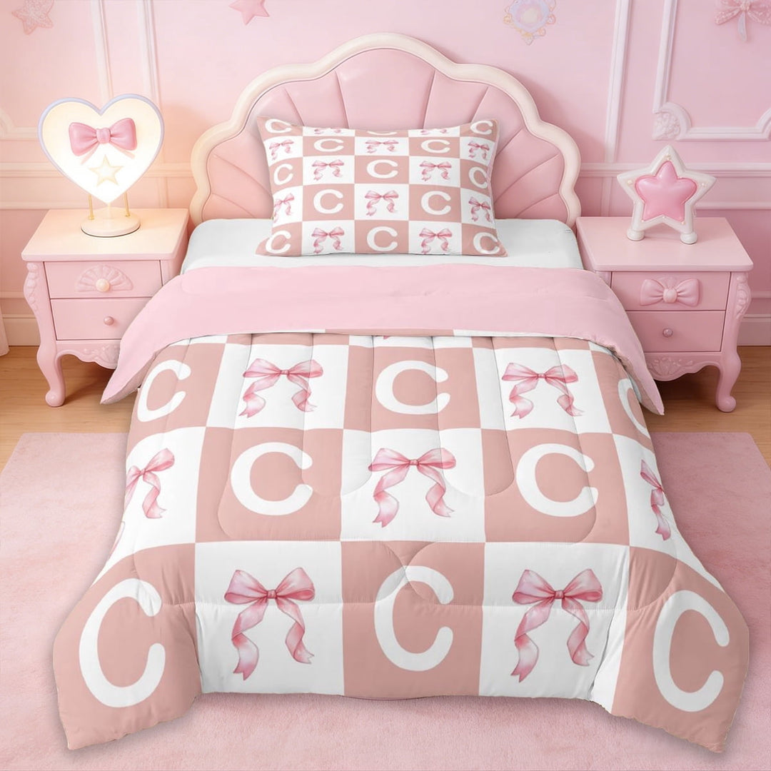 Erosebridal Modern Geometric Plaid Twin Comforter Sets,Letter C Monogrammed Bedding Set For Kids,Reversible pink,2 Pieces