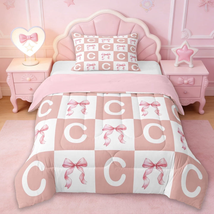 Erosebridal Modern Geometric Plaid Twin Comforter Sets,Letter C Monogrammed Bedding Set For Kids,Reversible pink,2 Pieces