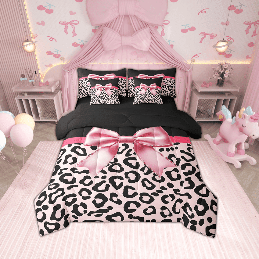 Erosebridal Bowknot Bedding Sets King Size, Pink Leopard Print Bed Set, Reversible 7pcs