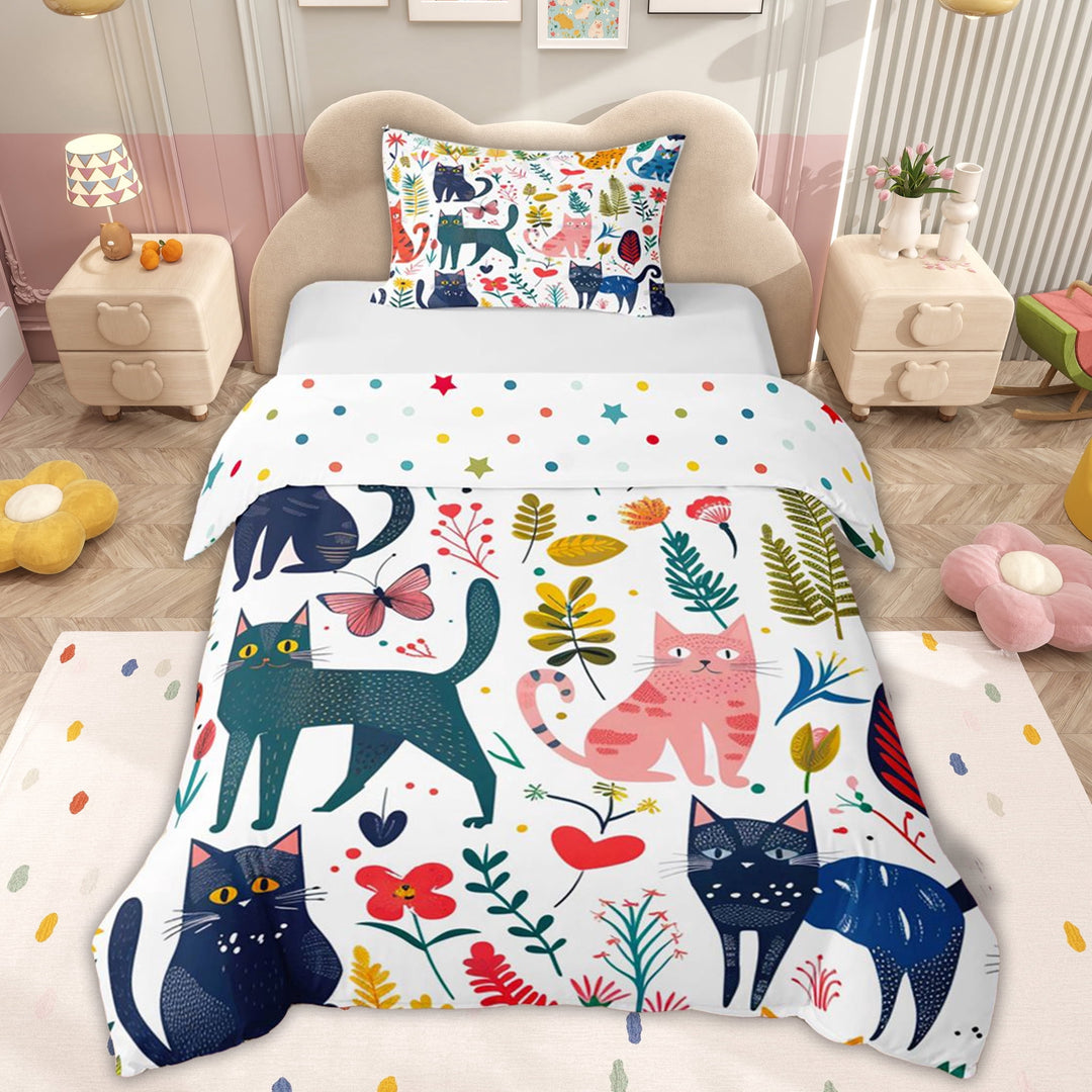 Erosebridal Kawaii Kitten Cat Twin Bedding for Kid, Cartoon Flower Plant Duvet Cover Set, 2pcs, 1 Duvet Cover and 1 Pillowcase (No Comforter)