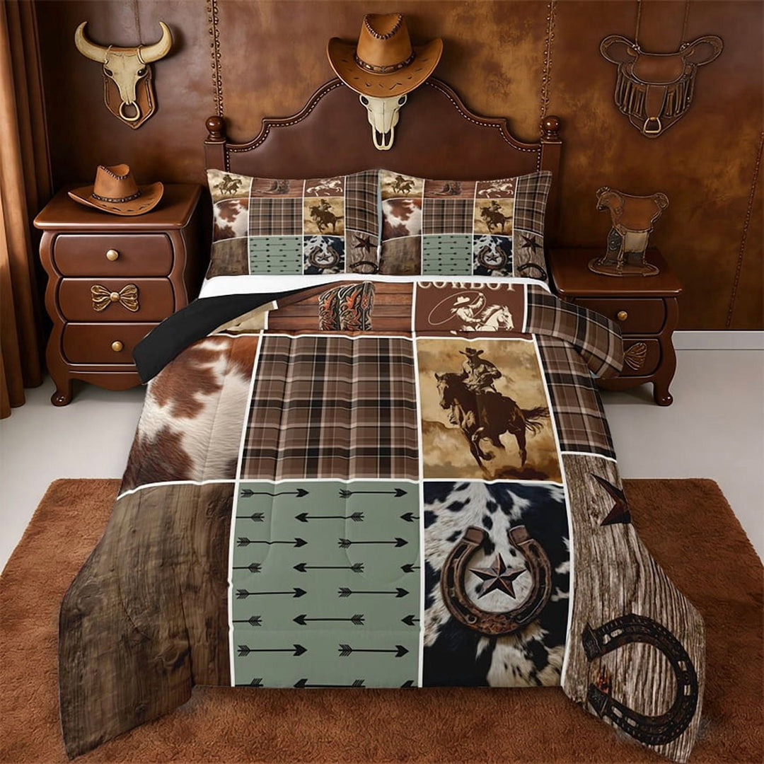 Erosebridal Rustic Cow Hide Full Size Comforter Sets,Western Texas Star Cowhide Print Bedding Sets For Cowboy Cowgirl,Reversible Black,3 Pieces