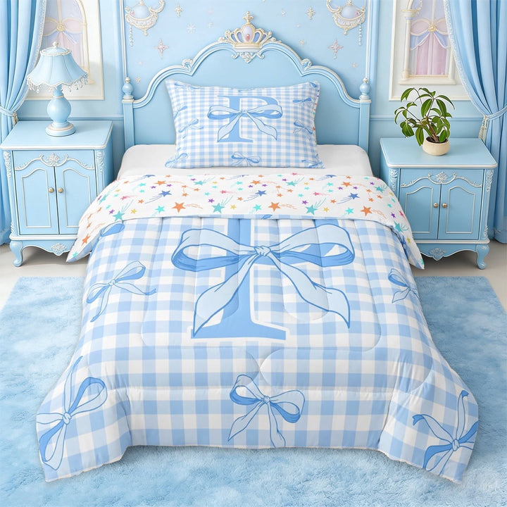 Erosebridal Letter P Initial Twin Comforter Sets For Kids Girls,Blue Geometric Grid Print Bedding Set,Colorful Stars Reversible,2pcs