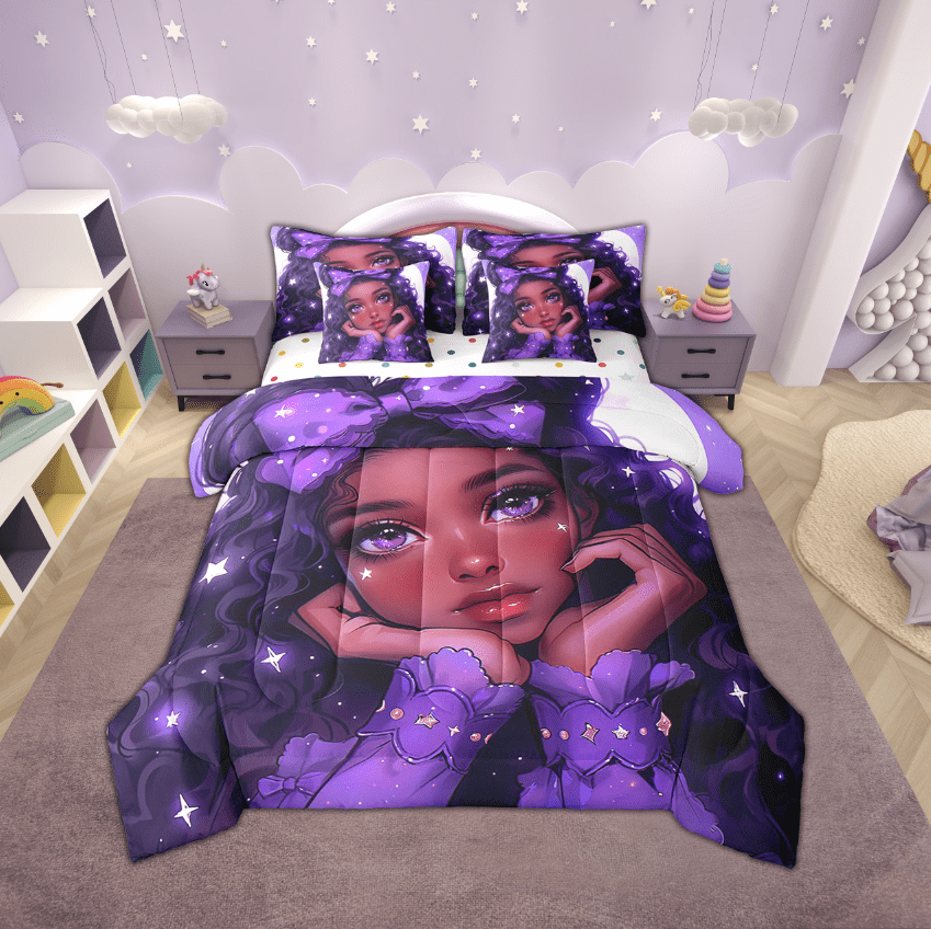Afro-American Girl Comforter Set 7 Piece Bed in a Bag Twin,Purple Bow Afro Kid Princess Melanin Bedding Sets American Black Girls Sheet Set with Comforter