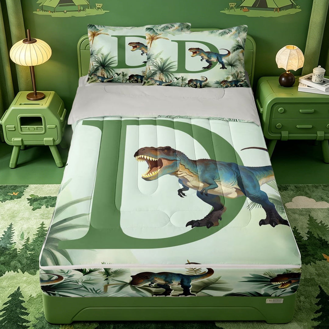 meiyoeat tropical Dinosaur Letter D Zipper Twin Comforter Sets with Fitted Sheet and 2 Pillowcases,Ancient Wild Animal Dino Zipper Bedding Set,Light Gray Reversible,4-Piece