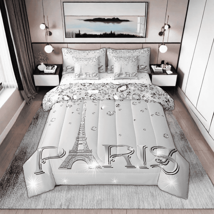 Romantic Comforter Set Queen for Women,Girly Paris Eiffel Tower Bed in A Bag for Valentine&