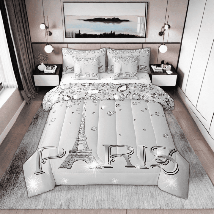 Romantic Comforter Set Queen for Women,Girly Paris Eiffel Tower Bed in A Bag for Valentine&