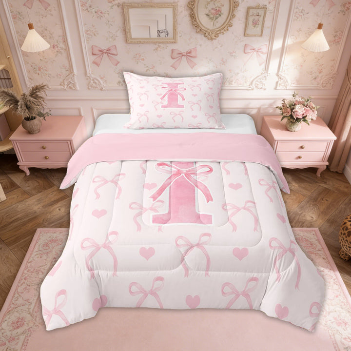 Erosebridal Initial I Letter Bedding Sets Twin with Comforter, Cute Bowknot Duvet Insert, Cartoon Love Decor, Reversible 2pcs