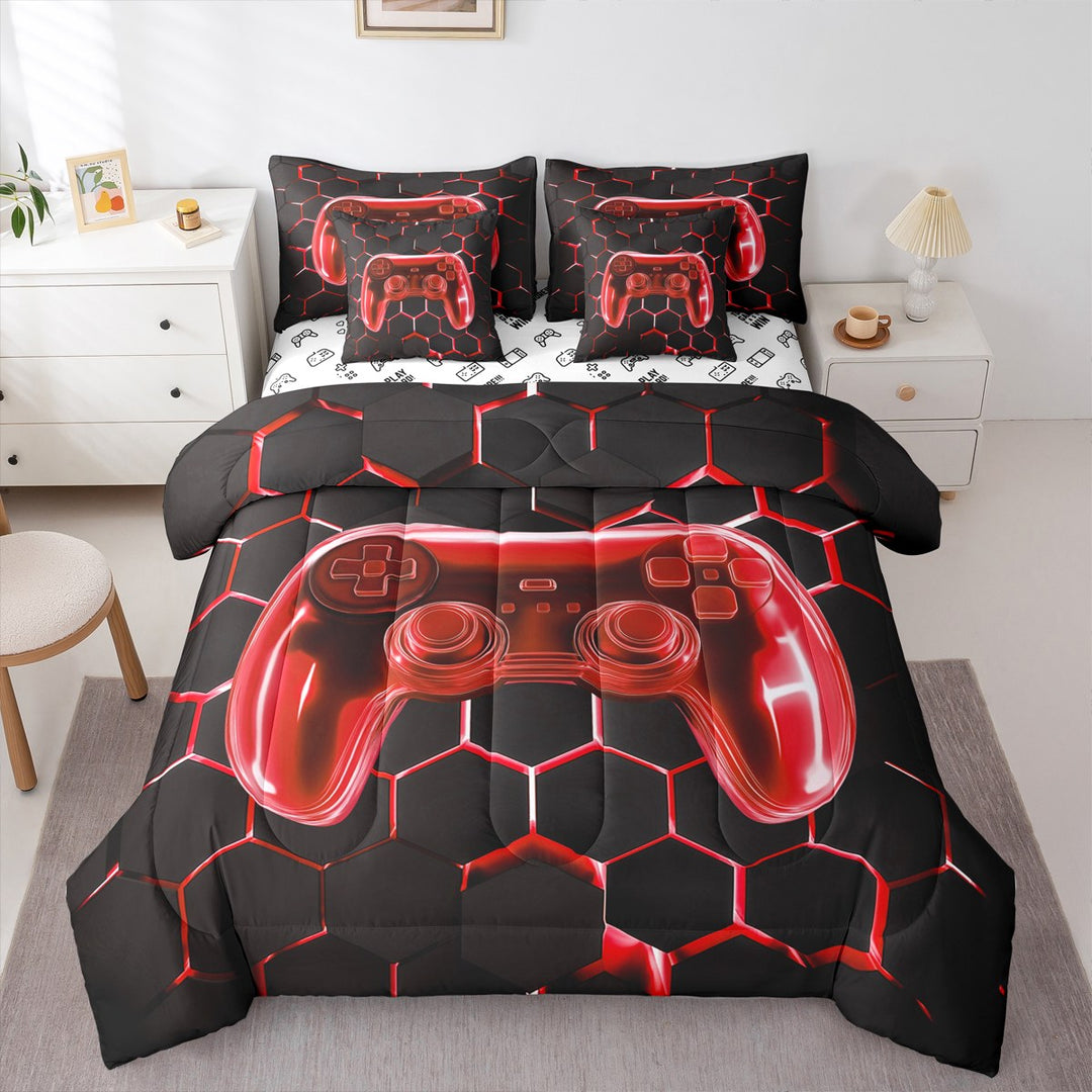 Erosebridal Red Gamepad Bedding Twin Size, Geometry Honeycomb Bedding Sets Twin Size, Video Game Decor, Reversible 7-Piece
