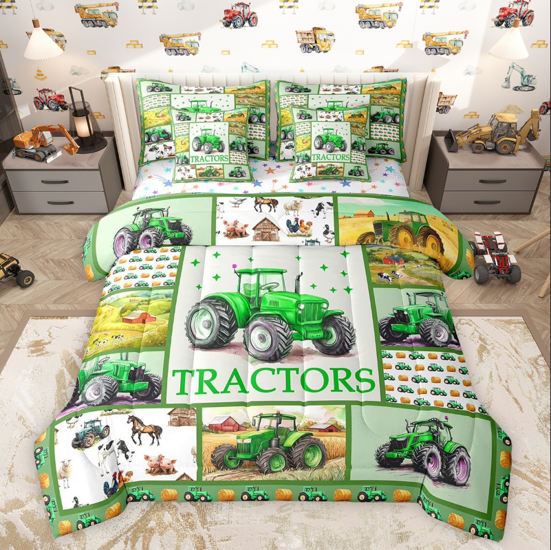 Erosebridal Farm Tractors Bedding Twin Size, Truck Buffalo Bedding Accessories, Green, Microfiber 7pcs