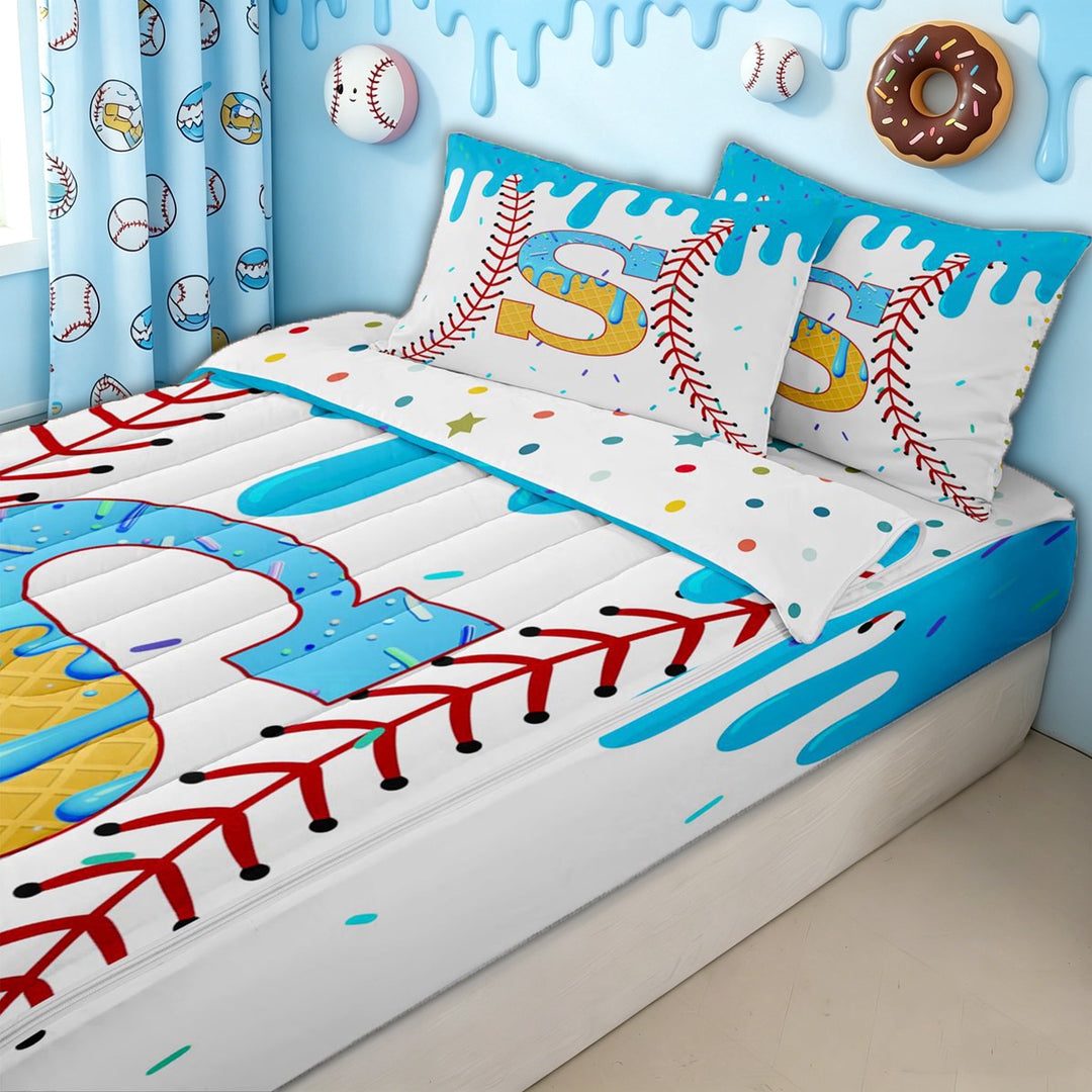 meiyoeat Baseball Letter S Zipper Full Size Comforter Sets with Fitted Sheet and 2 Pillowcases for Boys, Kawaii Ice Cream Drip Zipper Bedding Set, Blue Yellow, Polkadot Reversible, 4-Piece