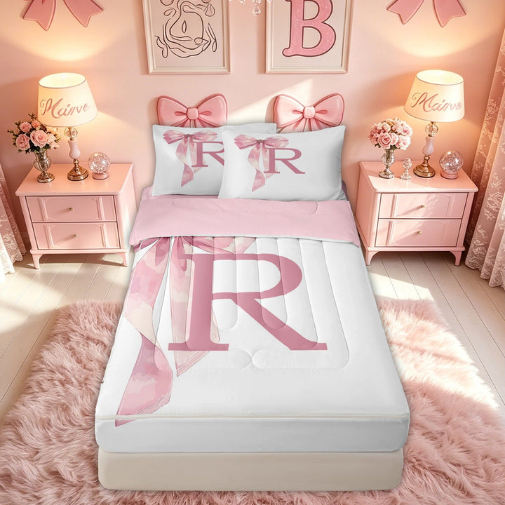 meiyoeat Pink Bow Letter R Zipper Twin Comforter Sets with Fitted Sheet and 2 Pillowcases for Girls, Dreamy Princess Style Zipper Bedding Set, Pink Reversible, 4-Piece