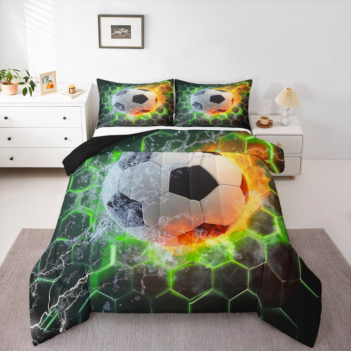 Soccer Comforter Set Full Size, Football Quilt Room Decor, Green Gradient Hexagon Bedding Set Soccer Gifts For Teen , Geometric Honeycomb Duvet Insert With 2 Pillow Cases