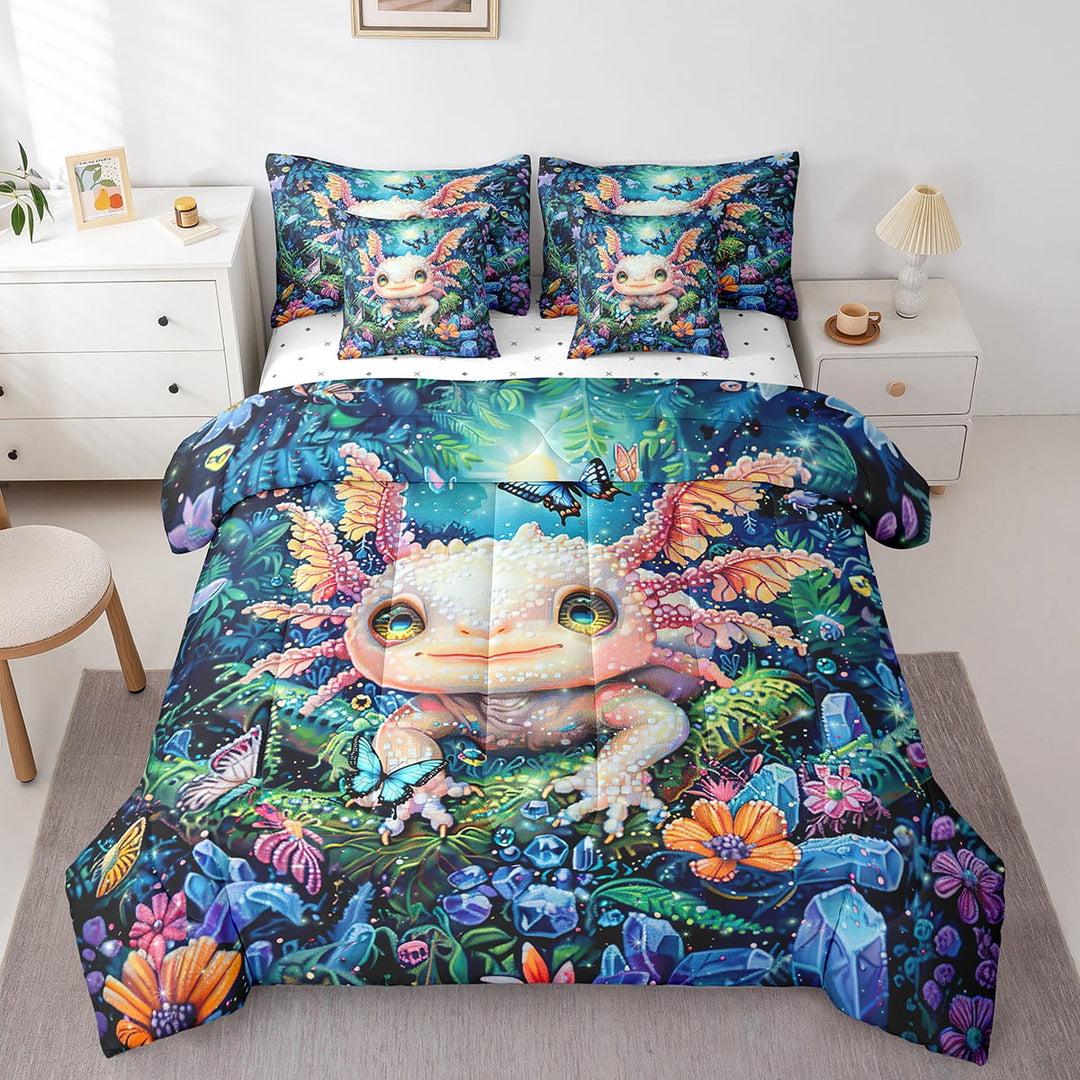 Erosebridal Cute Axolotl Comforter Set Twin 7 Pcs Botanical Floral Flowers Print Butterfly Tropical Leaves Bedding Set Nature Marine Animal Bed in a Bag with Comforter,Sheets