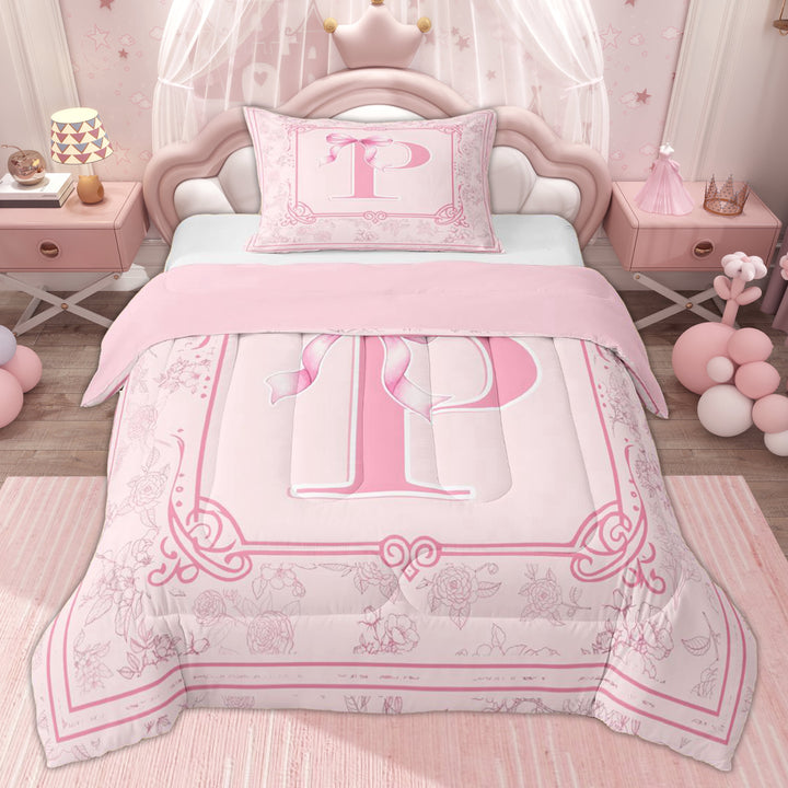 Erosebridal Bow Letter P Girls Twin Comforter Sets, Bowknot Flower Floral Bedding Set, Pink, 2 Pieces